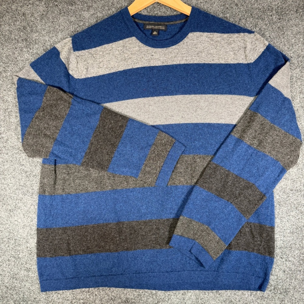 Banana Republic Striped Crewneck Sweater Mens XL Blue Grey Cashmere Blend